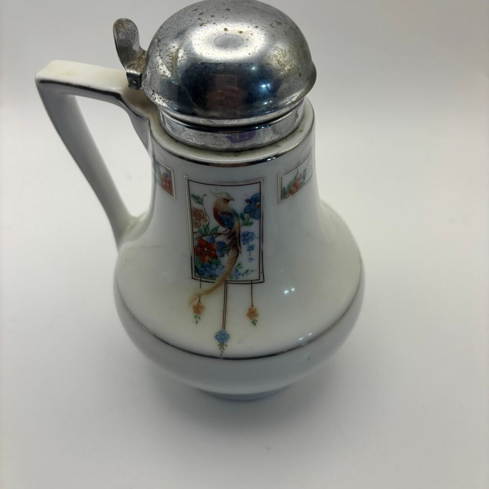 Royal Rochester Hand Painted Chocolate Pot Bird Floral Chrome Lid Vintage - Picture 5 of 6